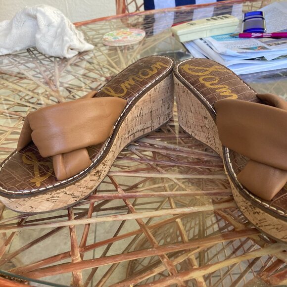 Sam Edelman Ramsey Shoes Sandals Cork High Wedge 9.5M Platform Camel - Picture 3 of 10
